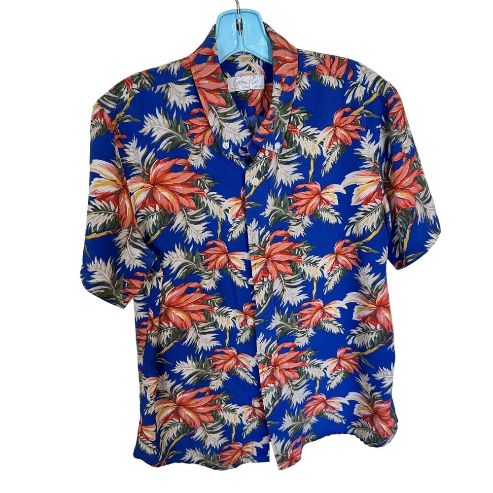 Cotton & Co Mens Top Hawaiian Floral Button Up Shirt Medium Blue Tropical